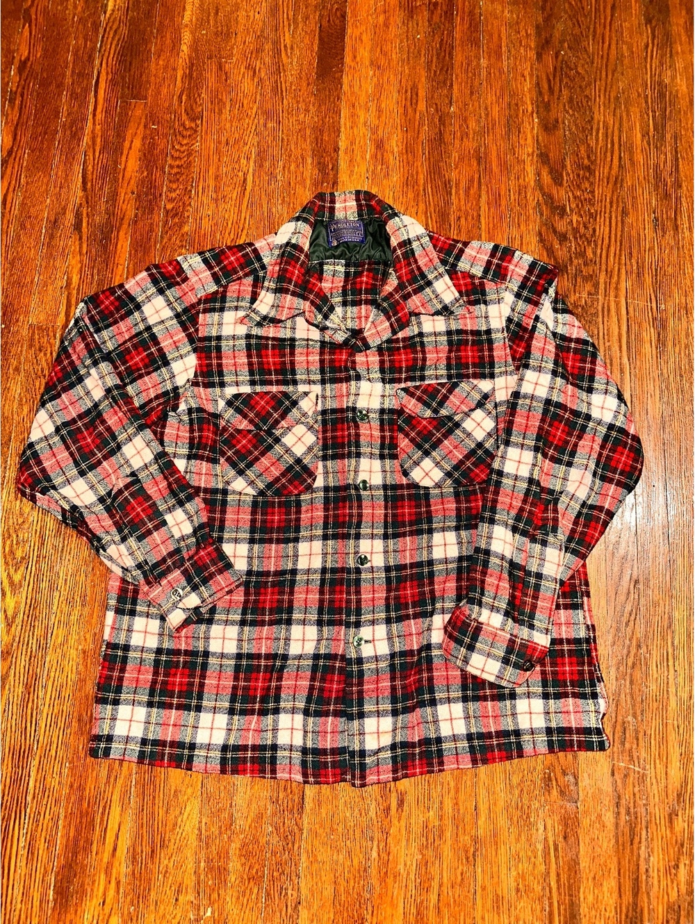Vintage 60s 70s Large Pendleton Plaid Red Green Pure Wool Button Down Shirt